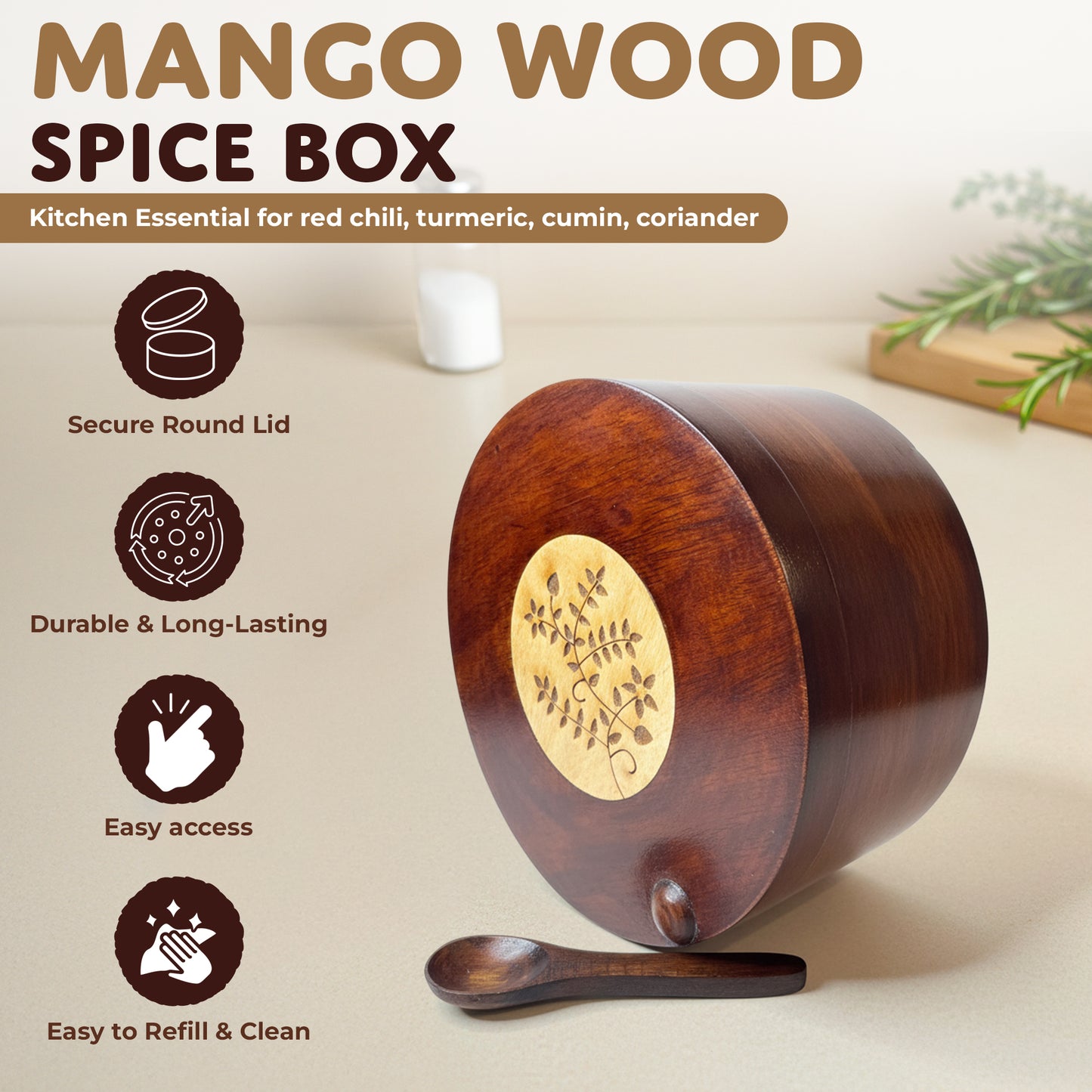 4 section-Premium Mango Wooden Spice Box with Spoon-Brown Lacquer Finish