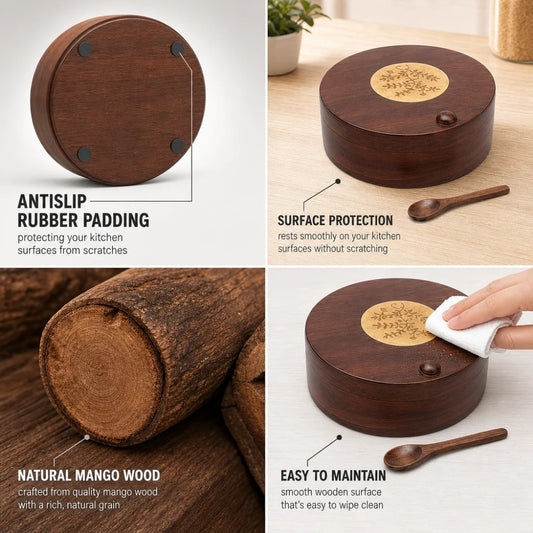 4 section-Premium Mango Wooden Spice Box with Spoon-Brown Lacquer Finish