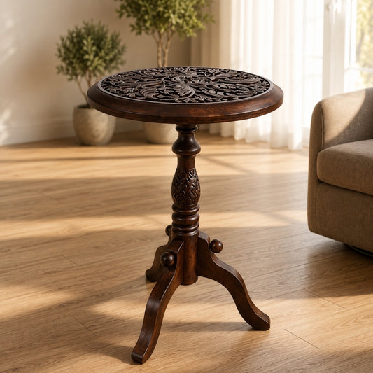 Hand-Carved Mango Wood End Table – Floral Motif Boho Accent Stand