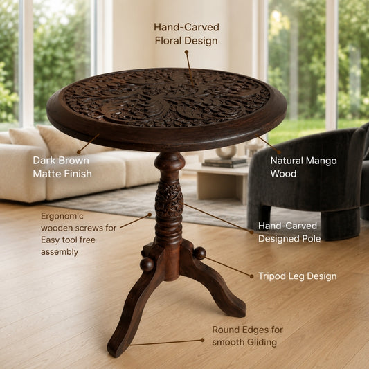 Hand-Carved Mango Wood End Table – Floral Motif Boho Accent Stand