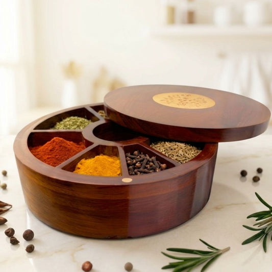 Acacia Wood Spice Box Masala Dabba with Floral Inlay Lid, 7 Compartments