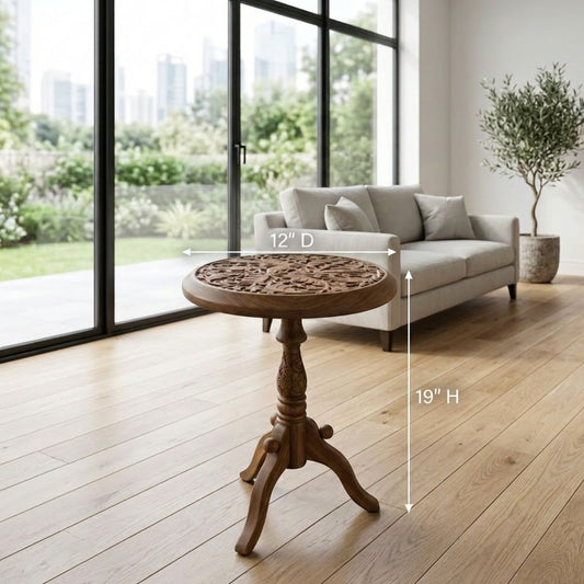 Carved Mango Wood Round Accent Table – Nature-Inspired Minimalist Decor
