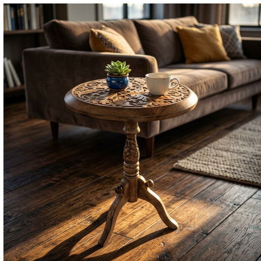 Carved Mango Wood Round Accent Table – Nature-Inspired Minimalist Decor