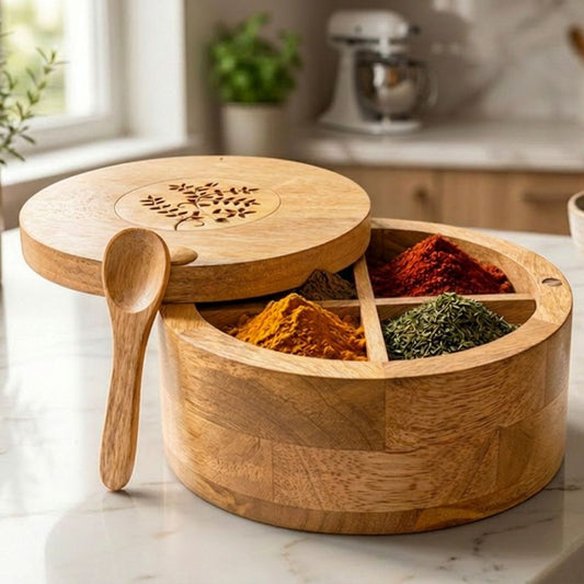 4 section-Premium Mango Wooden Spice Box with Spoon-Natural Wood
