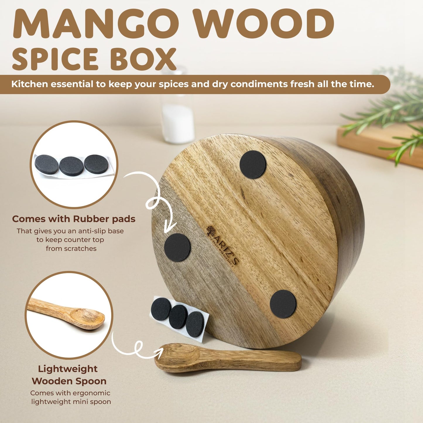 4 section-Premium Mango Wooden Spice Box with Spoon-Natural Wood