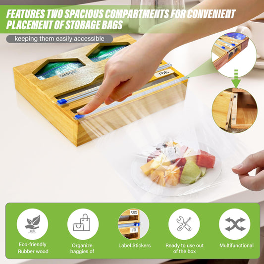 4-in-1 Premium Rubber Wood Saran Wrap Dispenser with Cutter for 12" Roll-Medium size-NOT large Ziplock Bags