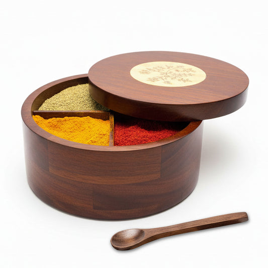 4 section-Premium Mango Wooden Spice Box with Spoon-Brown Lacquer Finish