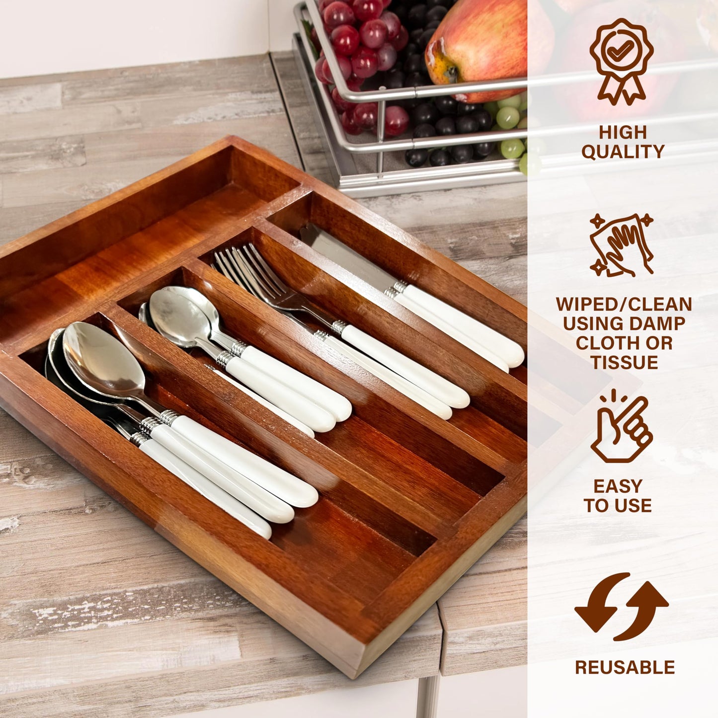 Premium Acacia Wooden Drawer Organizer & Cutlery Tray -5 Sections- Polished