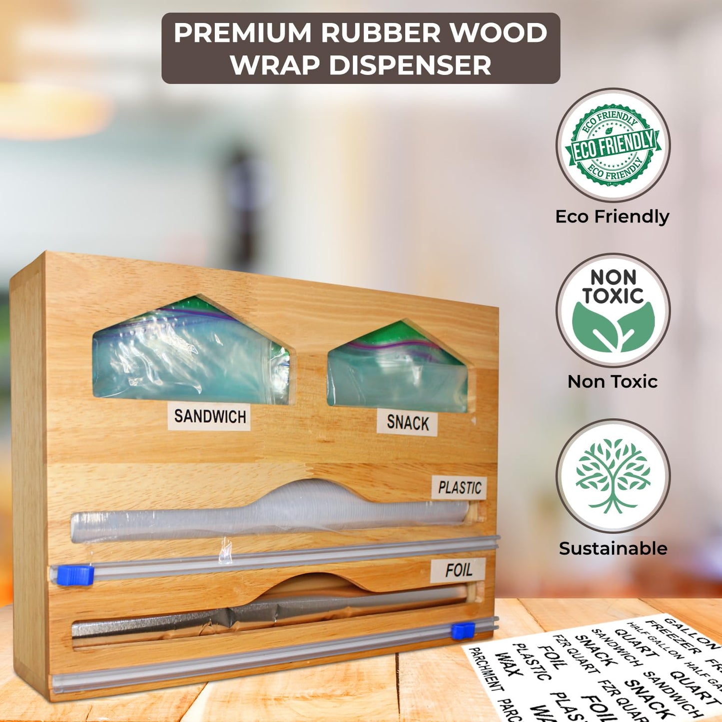 4-in-1 Premium Rubber Wood Saran Wrap Dispenser with Cutter for 12" Roll-Medium size-NOT large Ziplock Bags