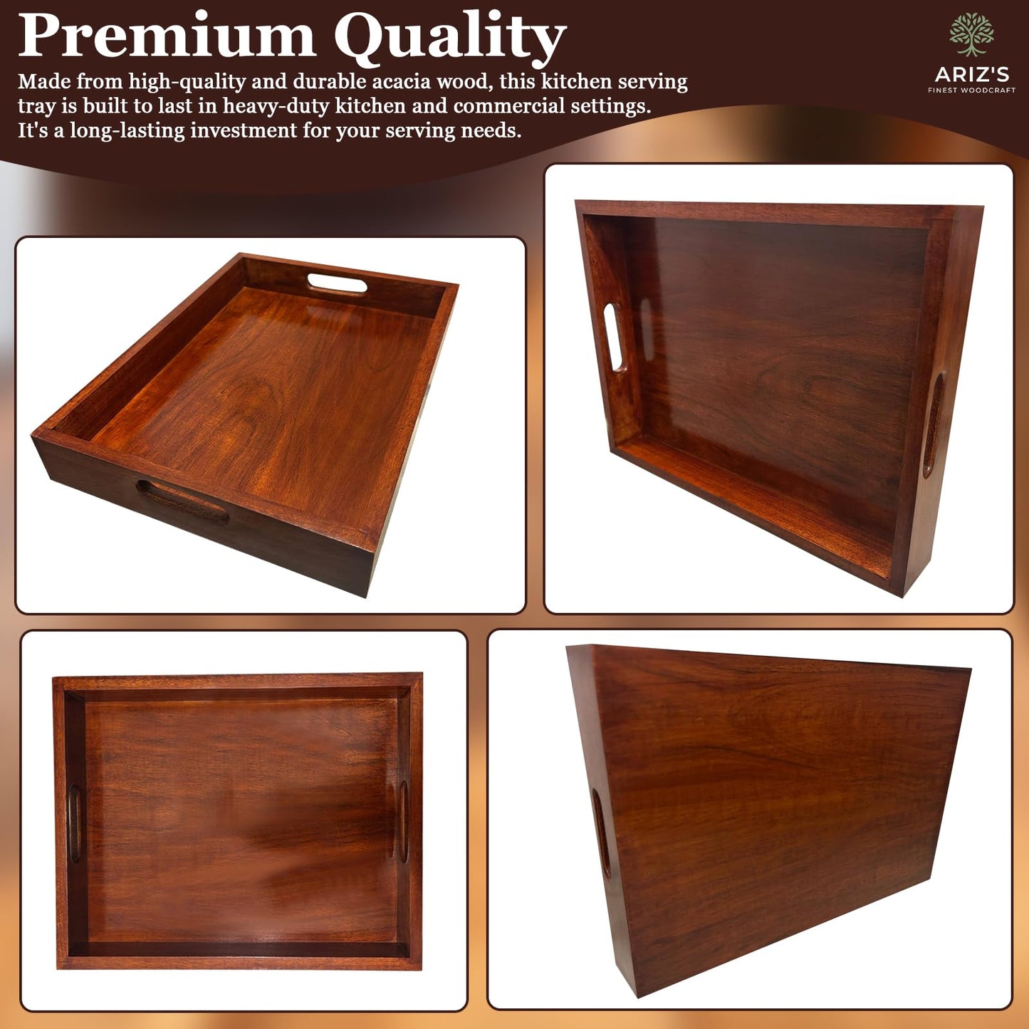 Premium Acacia Wood Serving Tray-14"L x 10" W x 2" H