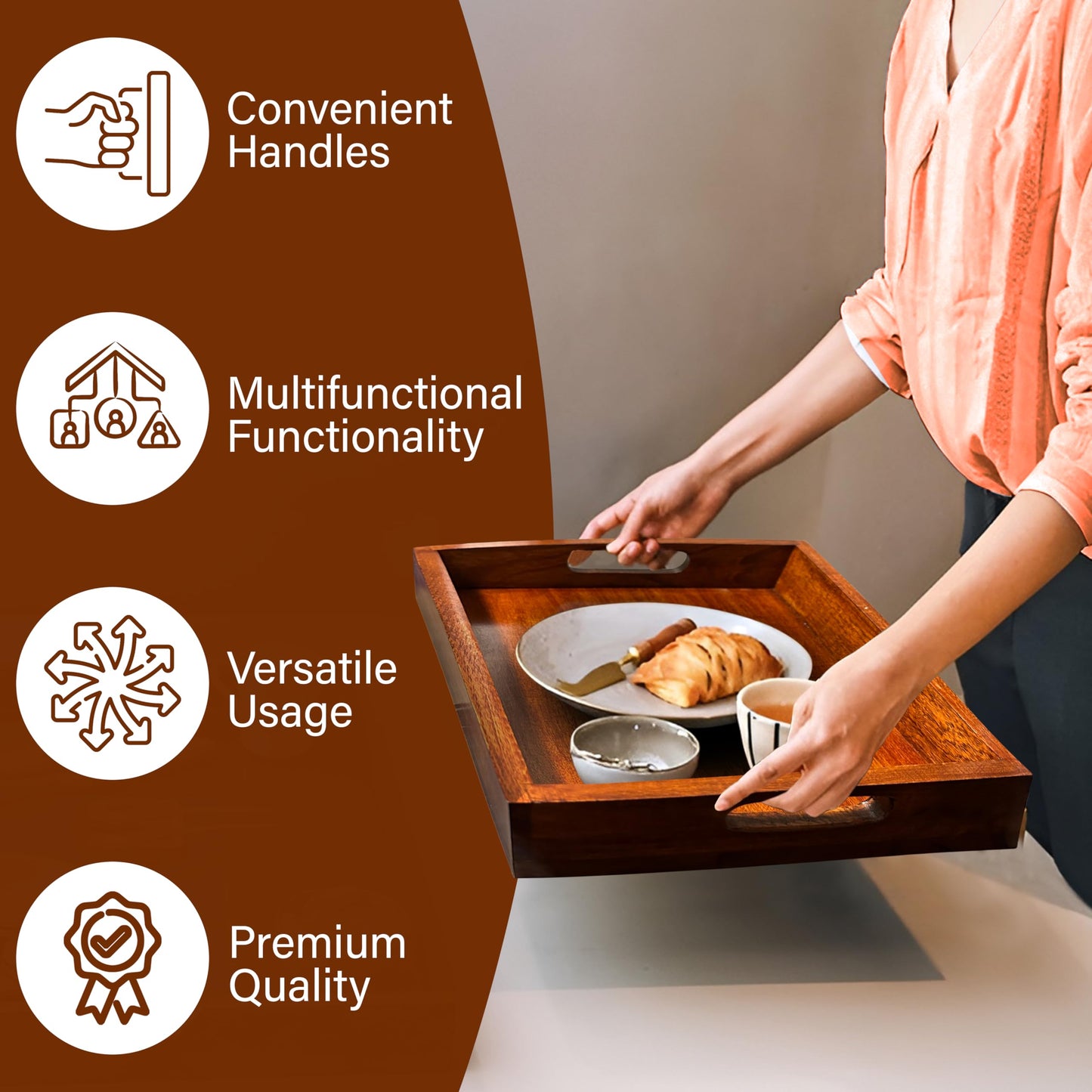 Premium Acacia Wood Serving Tray-14"L x 10" W x 2" H