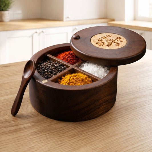 4 section-Premium Mango Wooden Spice Box with Spoon-Brown Lacquer Finish