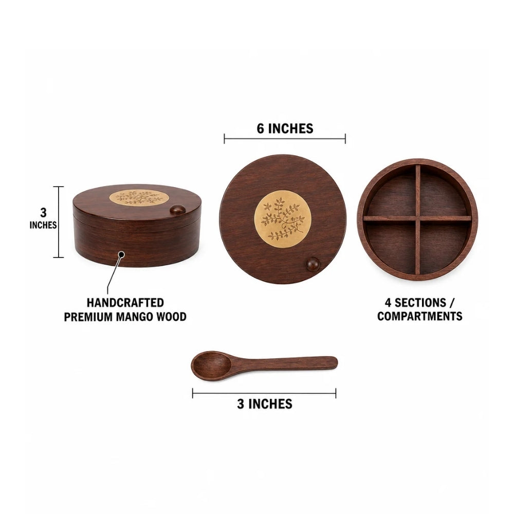 4 section-Premium Mango Wooden Spice Box with Spoon-Brown Lacquer Finish