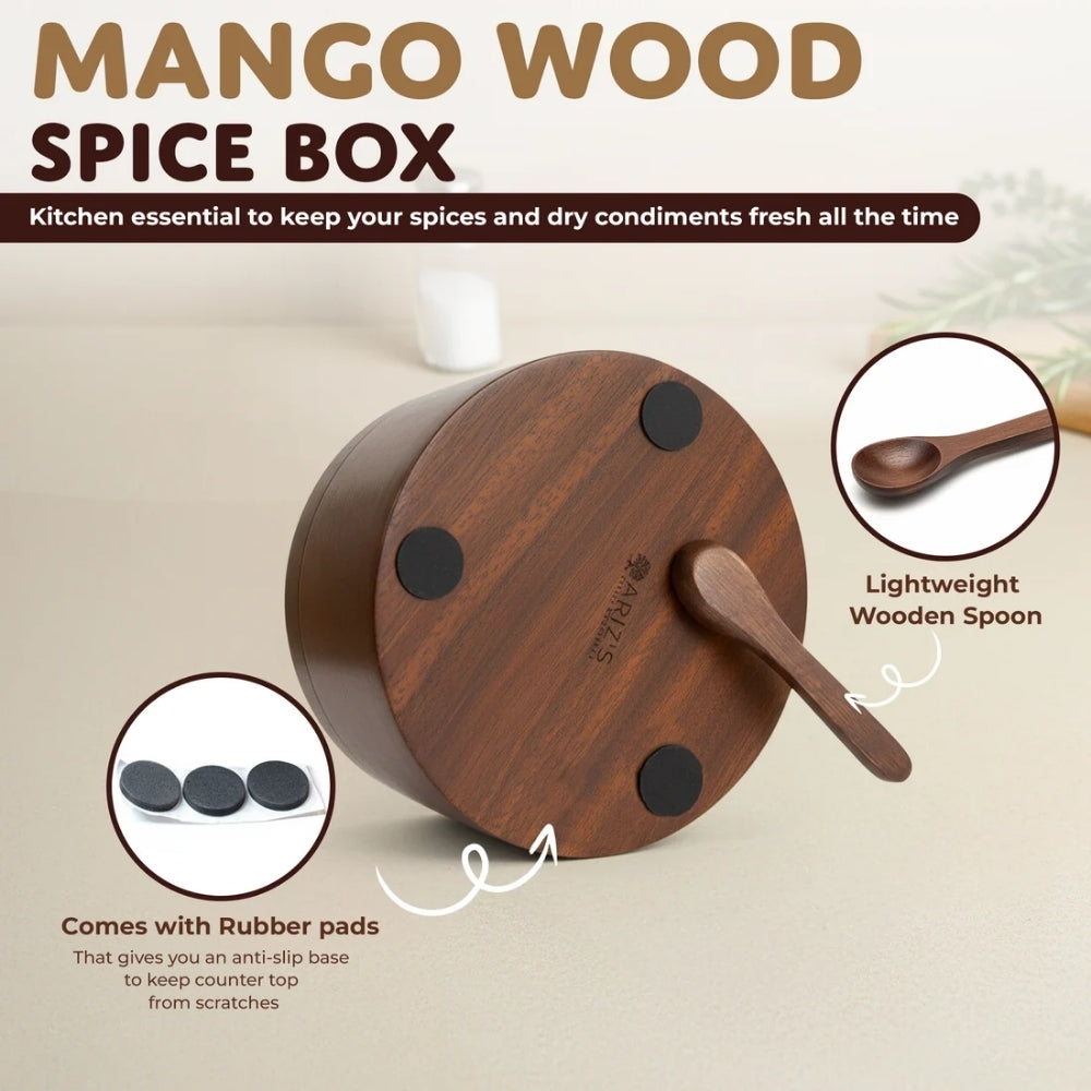 4 section-Premium Mango Wooden Spice Box with Spoon-Brown Lacquer Finish