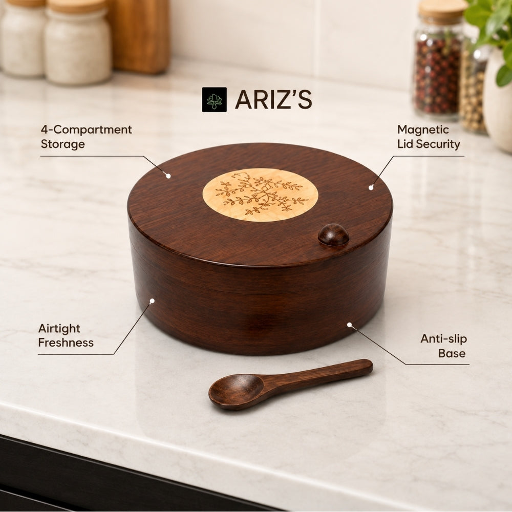 4 section-Premium Mango Wooden Spice Box with Spoon-Brown Lacquer Finish