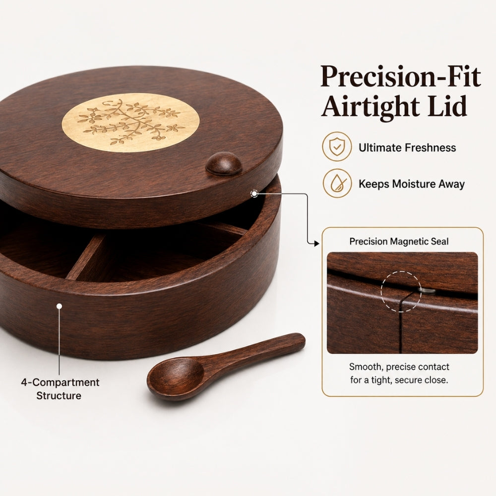 4 section-Premium Mango Wooden Spice Box with Spoon-Brown Lacquer Finish