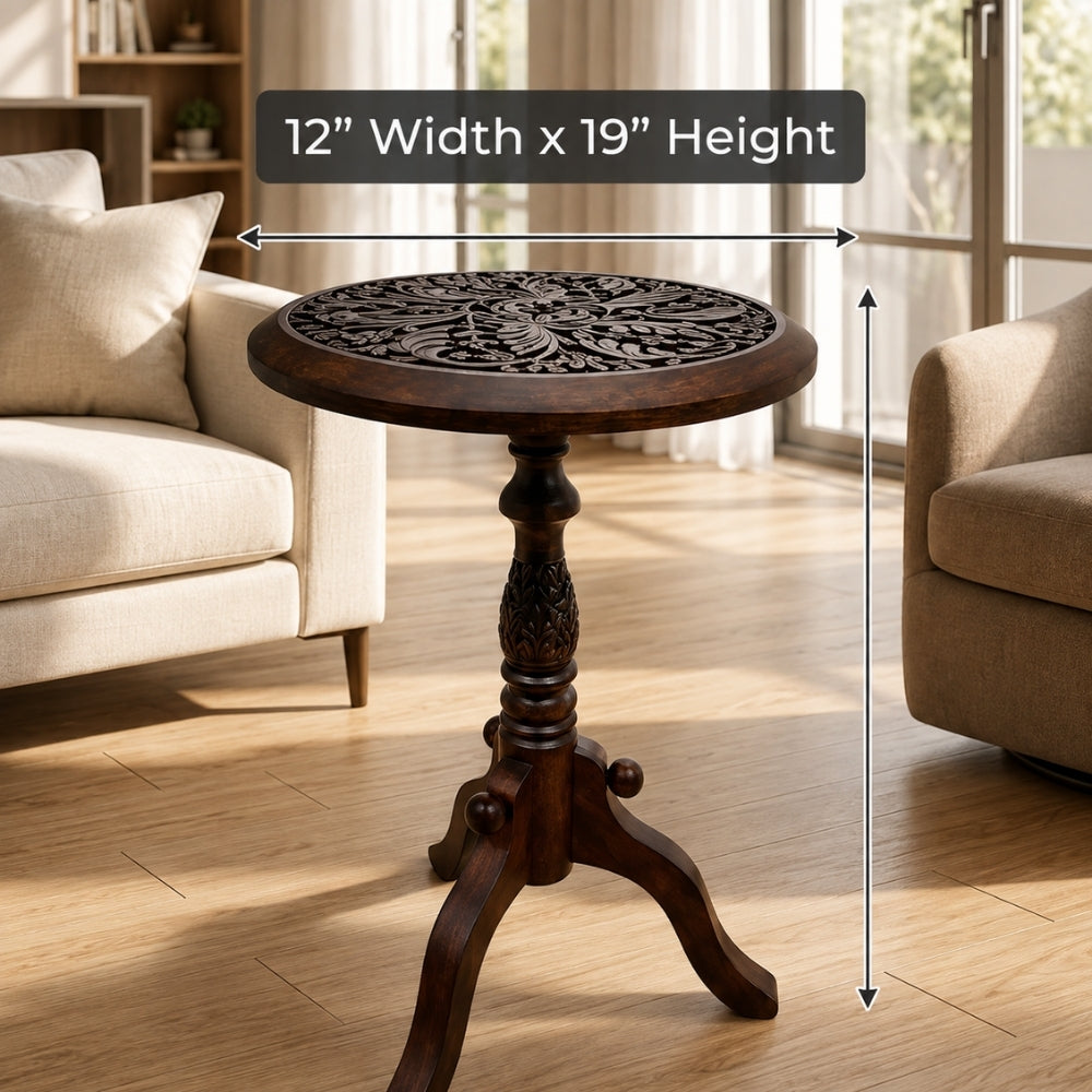 Hand-Carved Mango Wood End Table – Floral Motif Boho Accent Stand