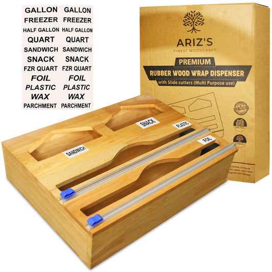 4-in-1 Premium Rubber Wood Saran Wrap Dispenser with Cutter for 12" Roll-Medium size-NOT large Ziplock Bags