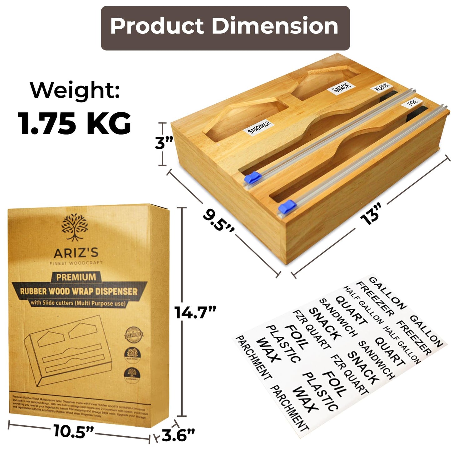 4-in-1 Premium Rubber Wood Saran Wrap Dispenser with Cutter for 12" Roll-Medium size-NOT large Ziplock Bags