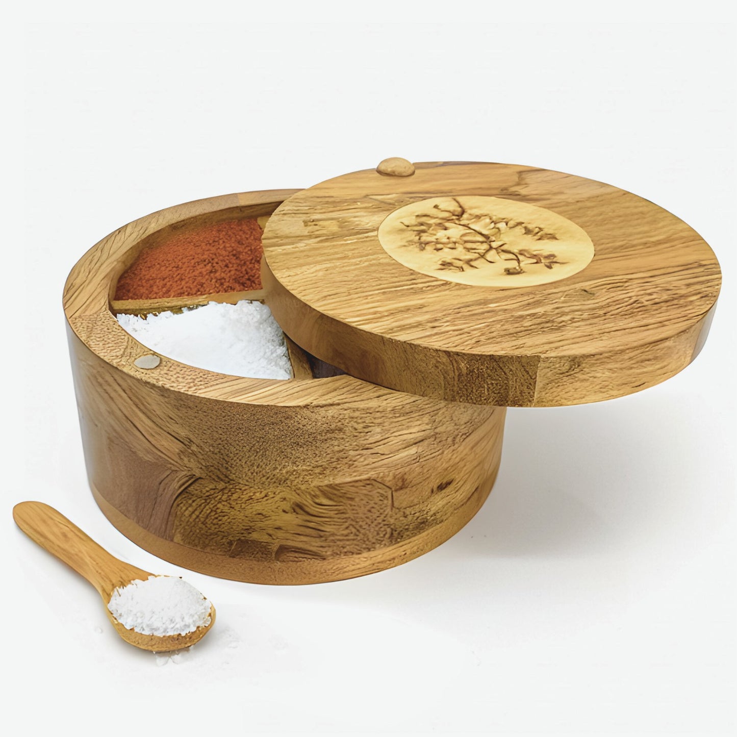 4 section-Premium Mango Wooden Spice Box with Spoon-Natural Wood