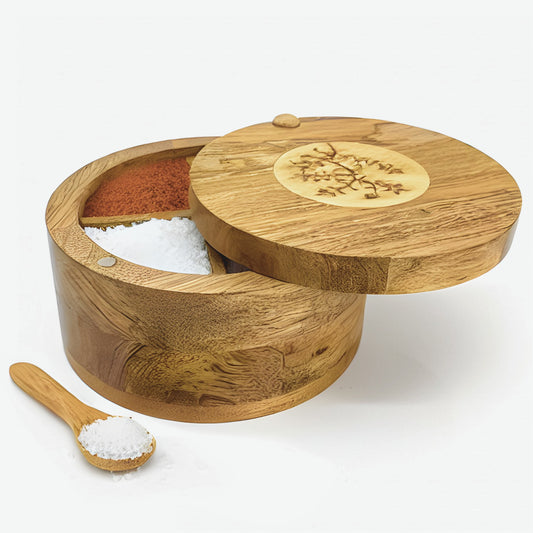 4 section-Premium Mango Wooden Spice Box with Spoon-Natural Wood