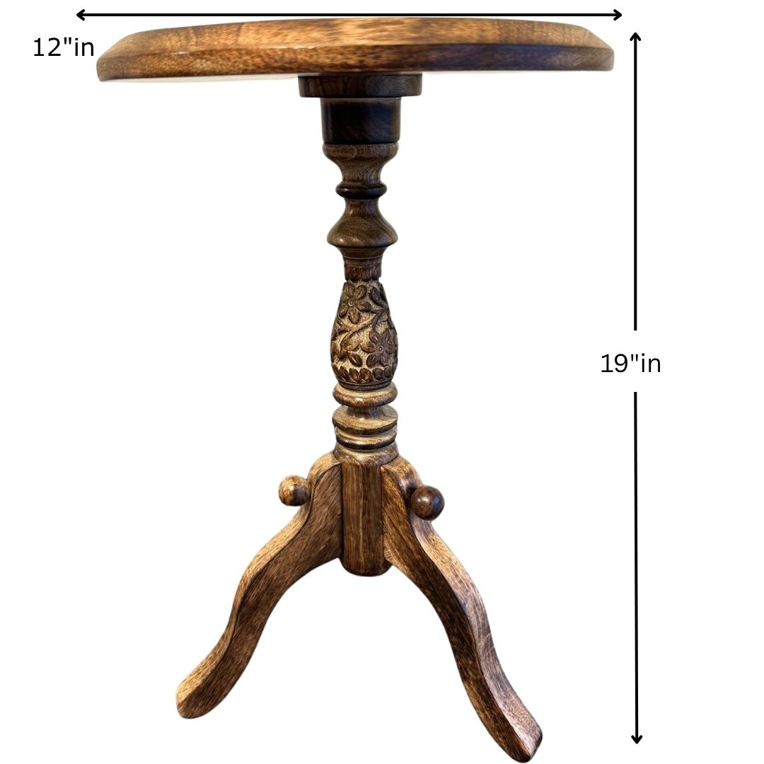 Carved Mango Wood Round Accent Table – Nature-Inspired Minimalist Decor