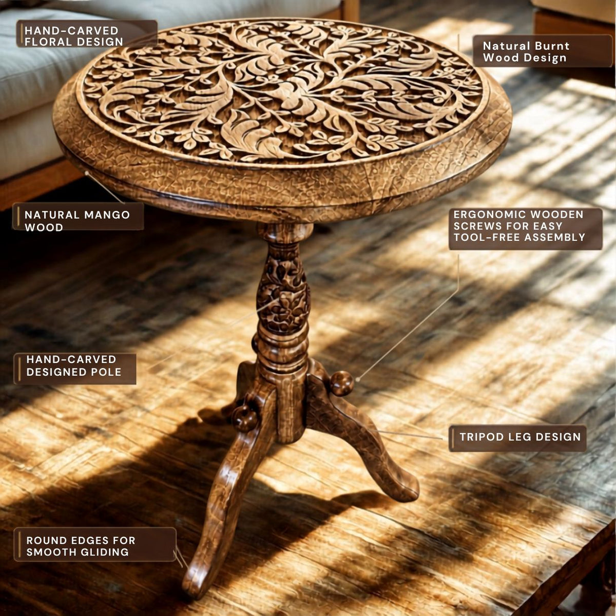 Carved Mango Wood Round Accent Table – Nature-Inspired Minimalist Decor