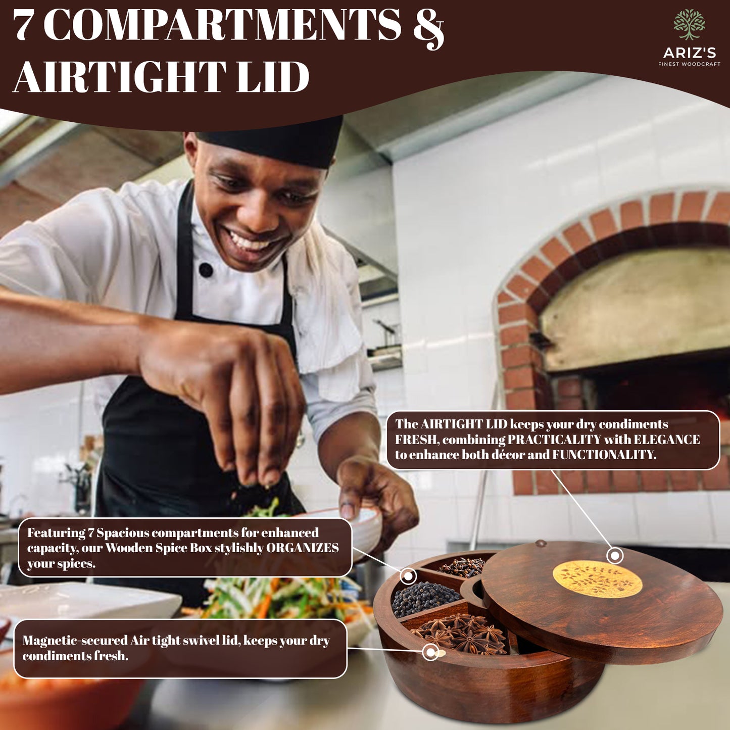 Premium Acacia Wood Spice Box (7-Section)