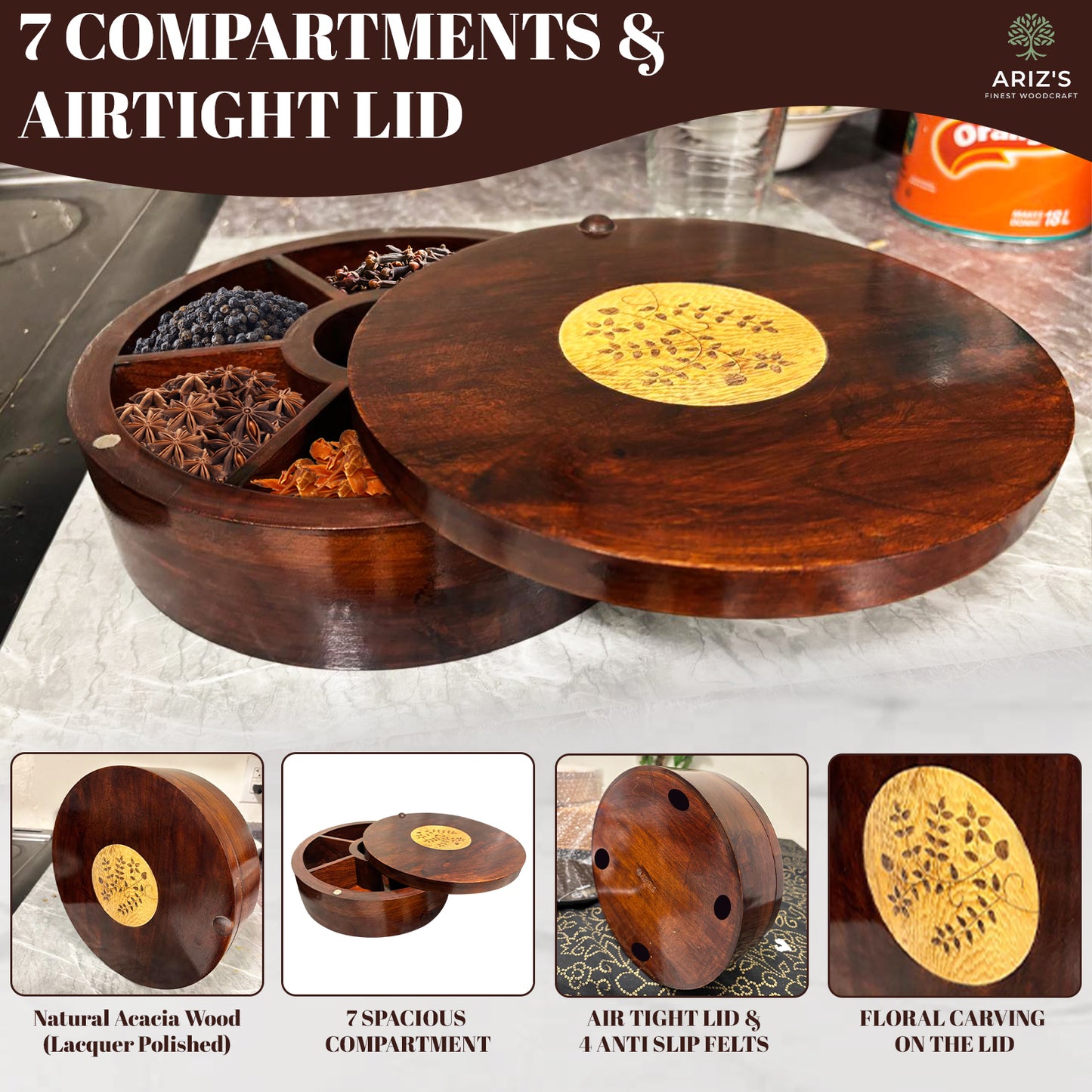 Premium Acacia Wood Spice Box (7-Section)