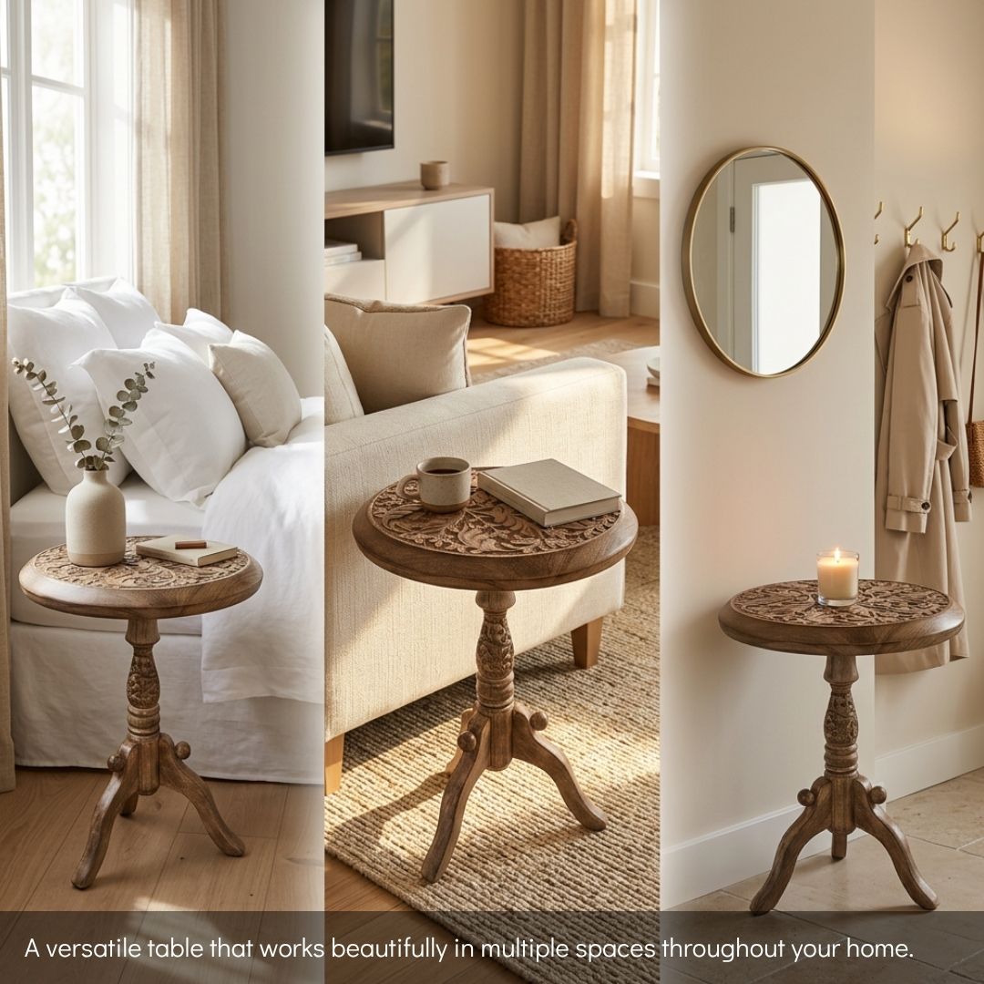 Carved Mango Wood Round Accent Table – Nature-Inspired Minimalist Decor