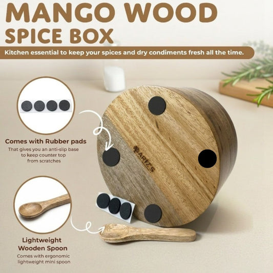 4 section-Premium Mango Wooden Spice Box with Spoon-Natural Wood