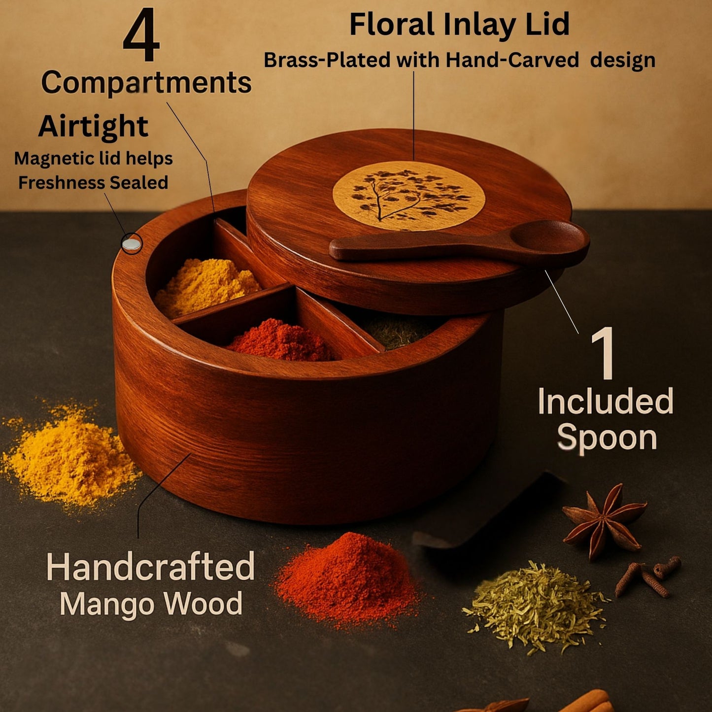 4 section-Premium Mango Wooden Spice Box with Spoon-Brown Lacquer Finish