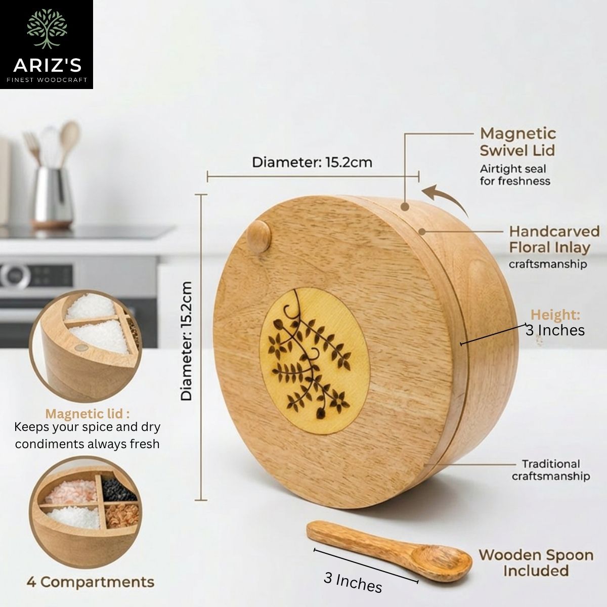 4 section-Premium Mango Wooden Spice Box with Spoon-Natural Wood
