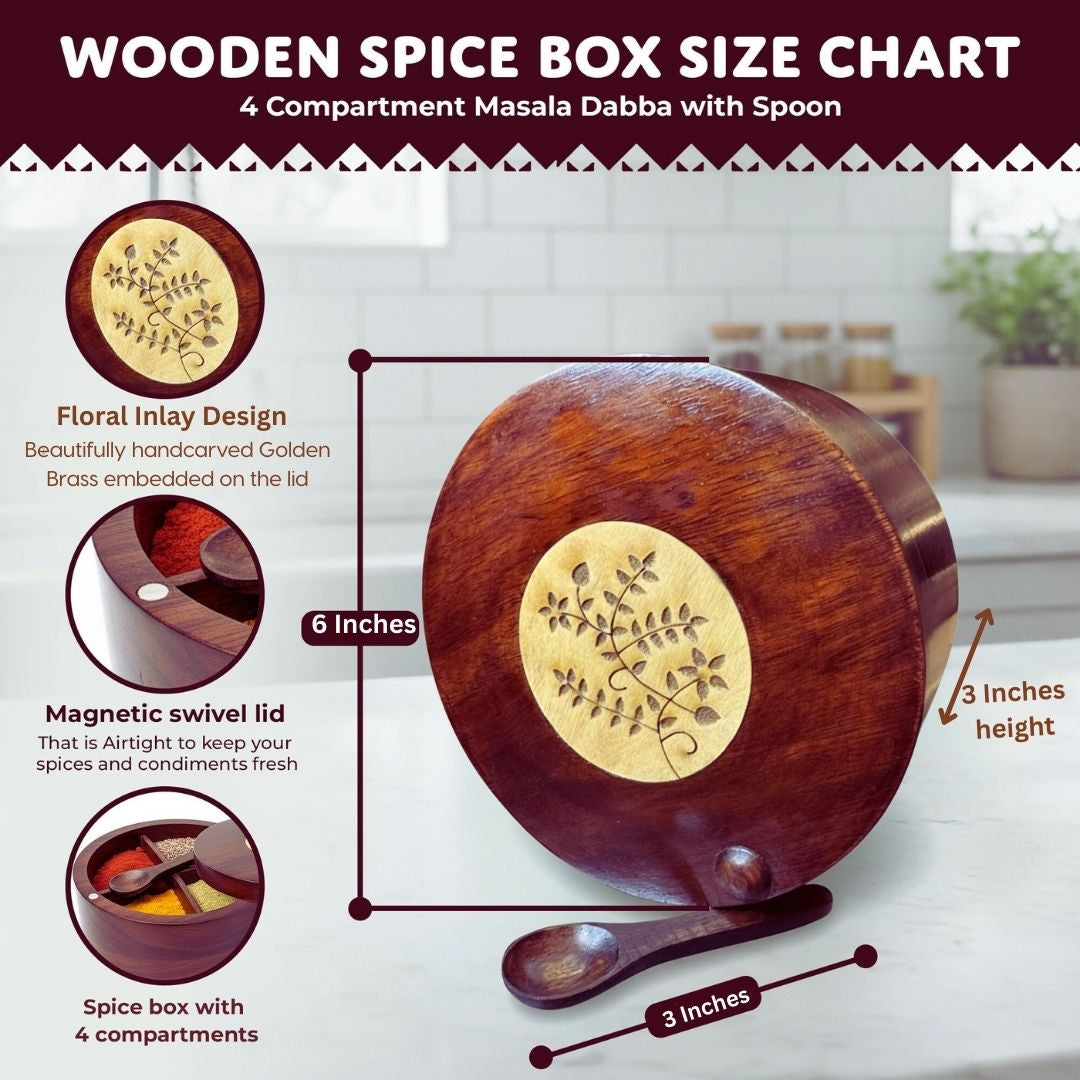 4 section-Premium Mango Wooden Spice Box with Spoon-Brown Lacquer Finish