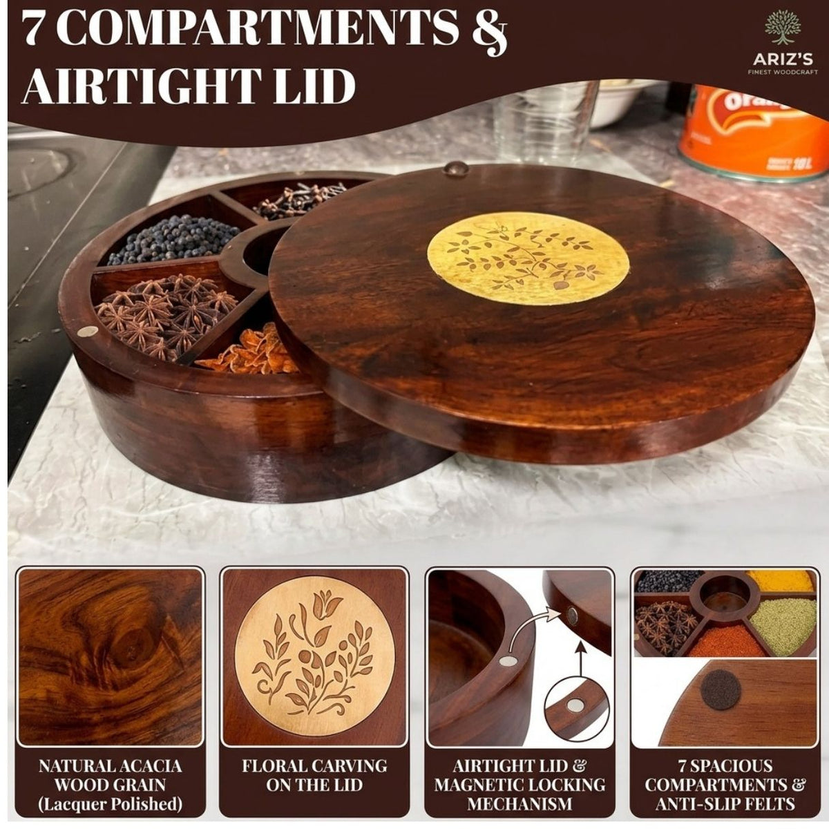 Acacia Wood Spice Box Masala Dabba with Floral Inlay Lid, 7 Compartments
