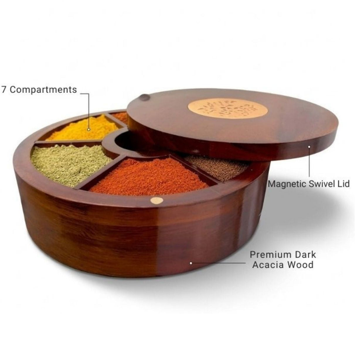 Premium Acacia Wood Spice Box (7-Section)