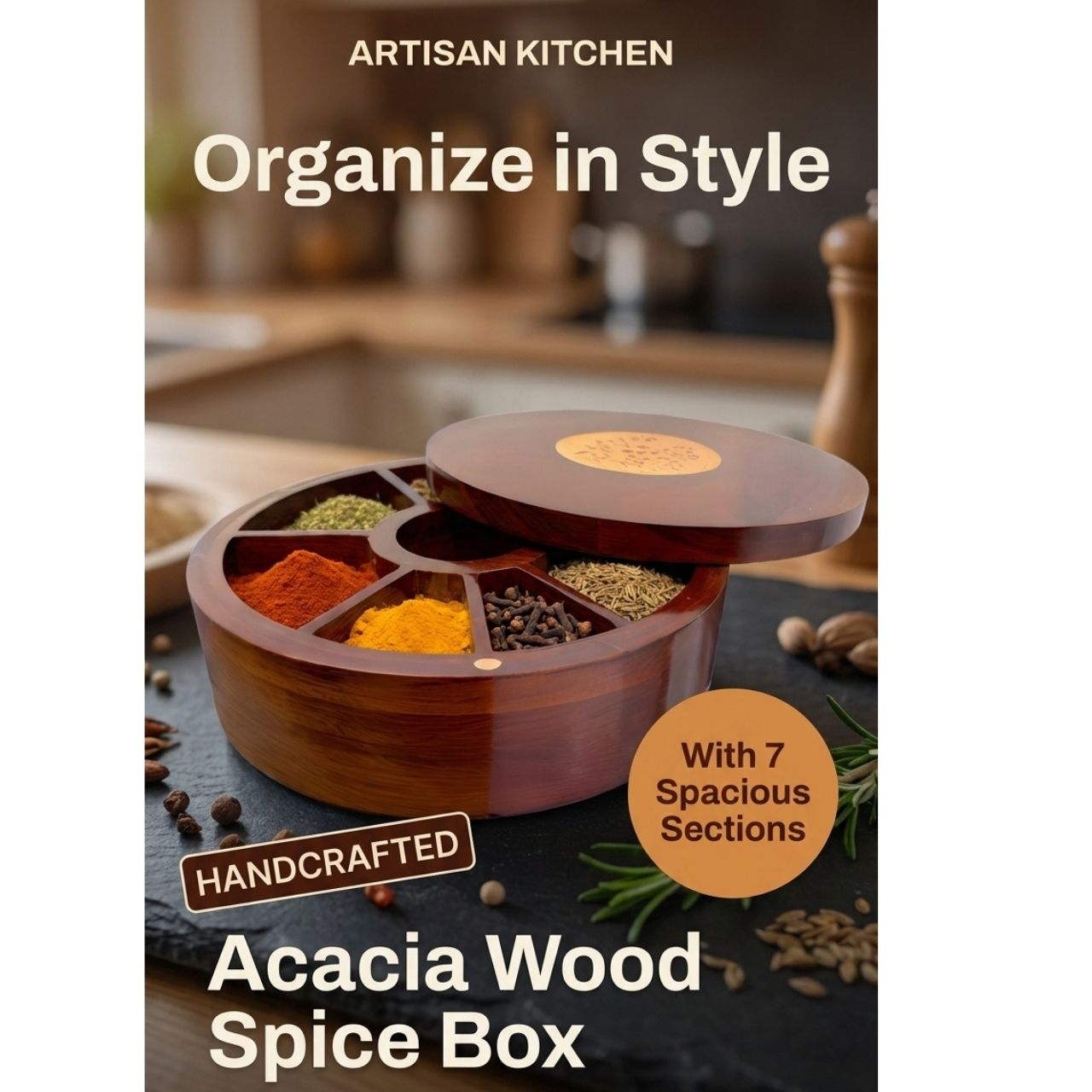 Premium Acacia Wood Spice Box (7-Section)