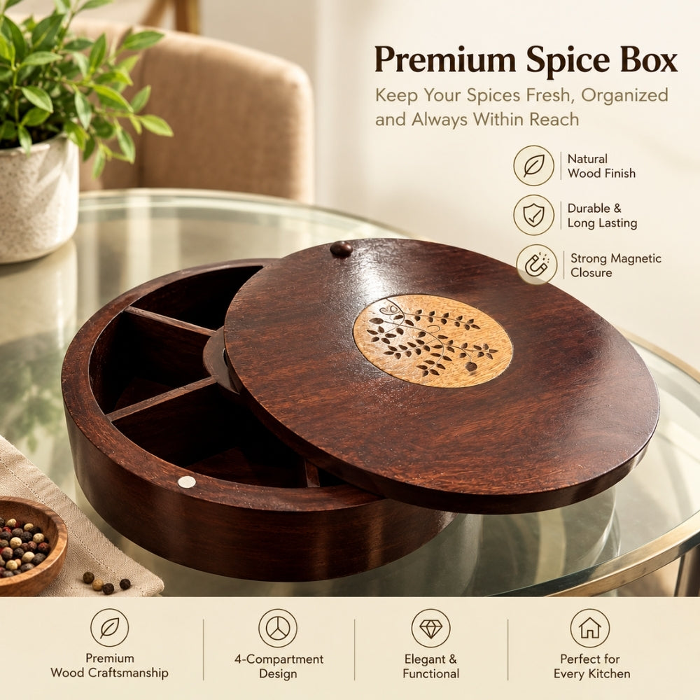 Acacia Wood Spice Box Masala Dabba with Floral Inlay Lid, 7 Compartments