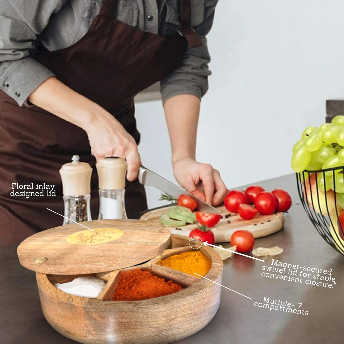 Premium Mango Wood Spice Box (7-Section)