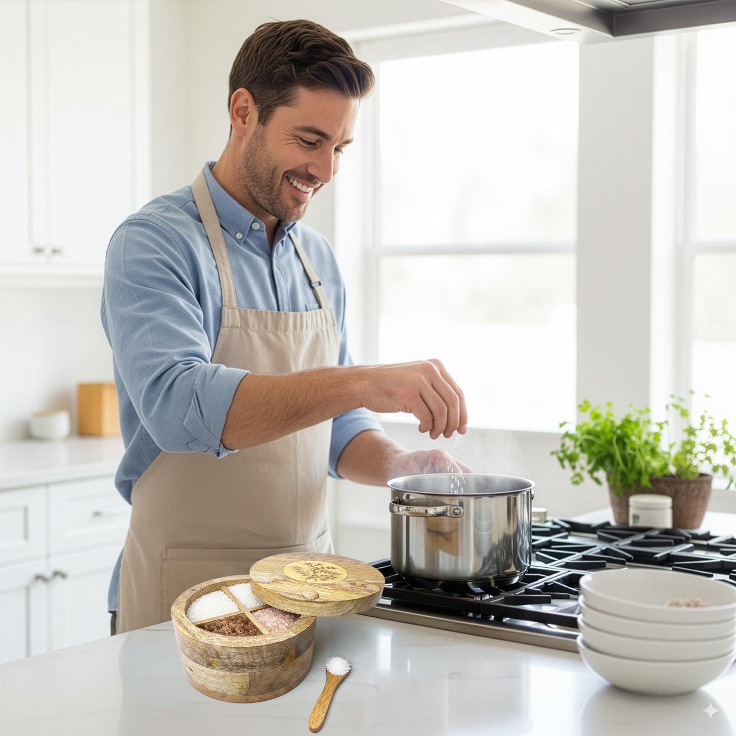 4 section-Premium Mango Wooden Spice Box with Spoon-Natural Wood