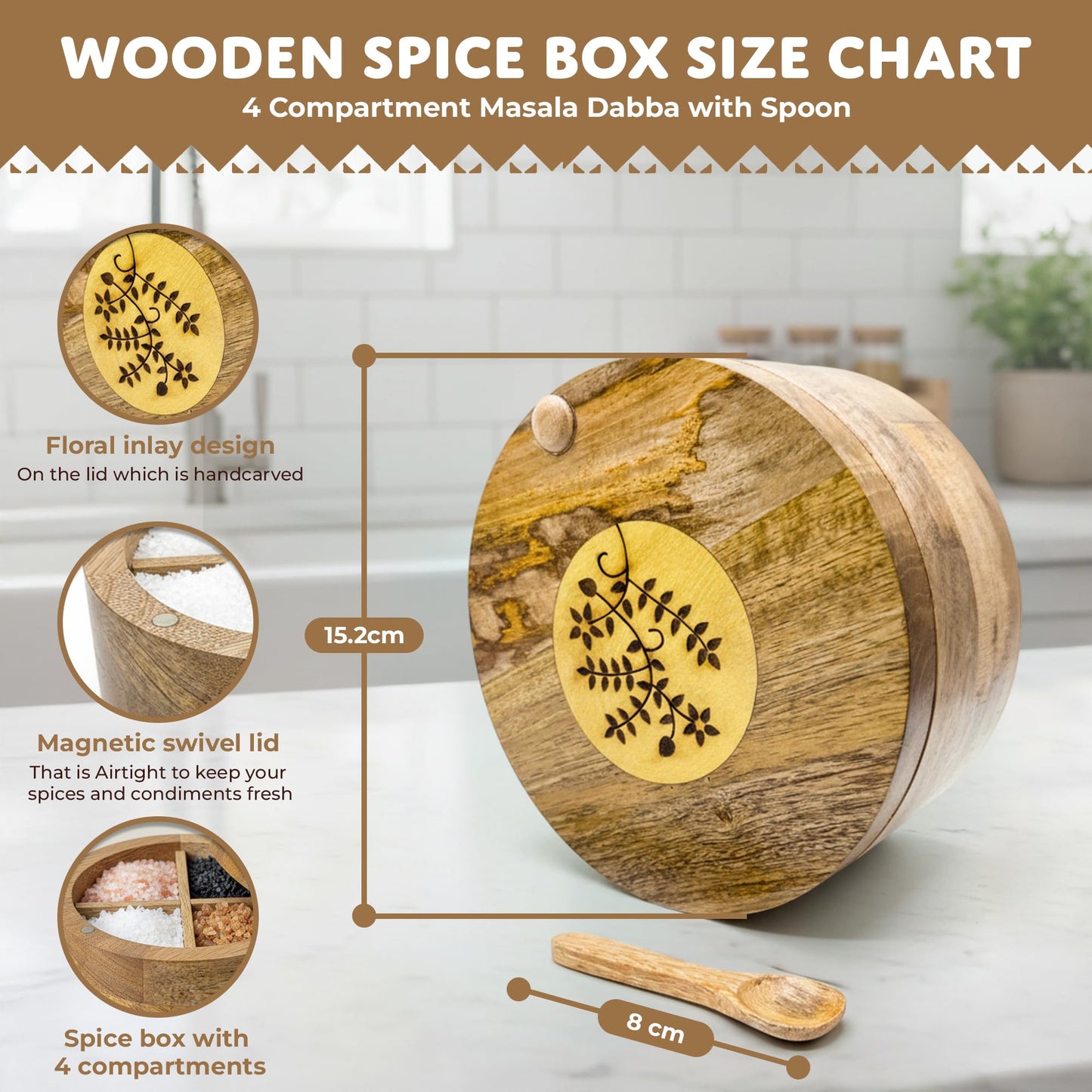4 section-Premium Mango Wooden Spice Box with Spoon-Natural Wood